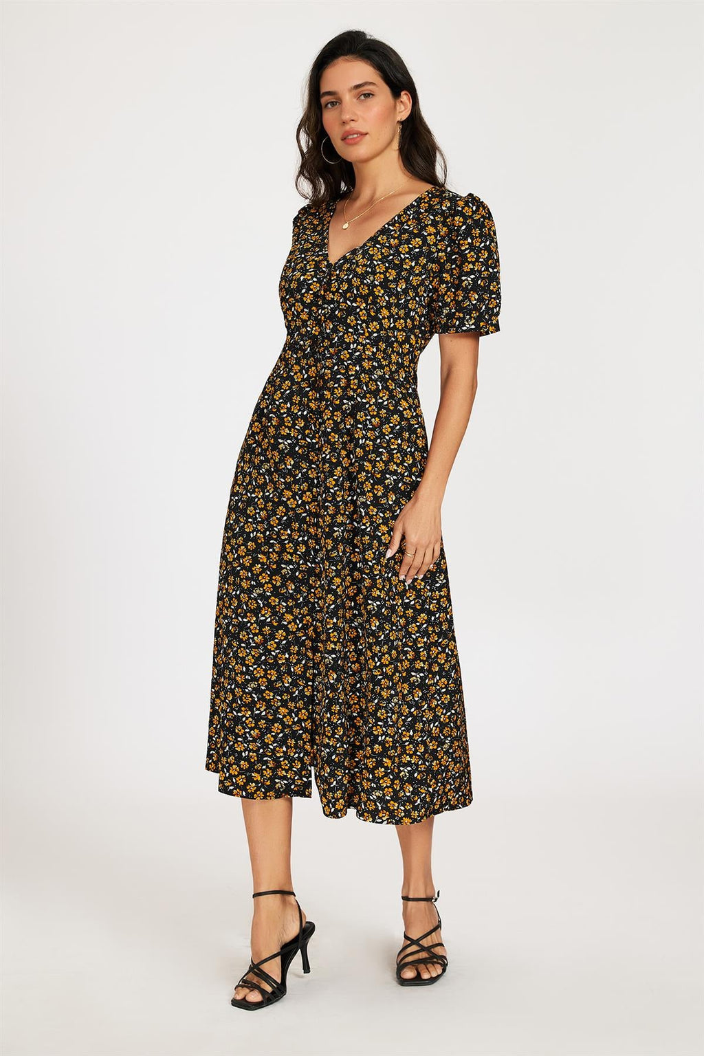 Floral Print Button Front Puff Sleeve Midi Dress In Black