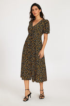 Floral Print Button Front Puff Sleeve Midi Dress In Black