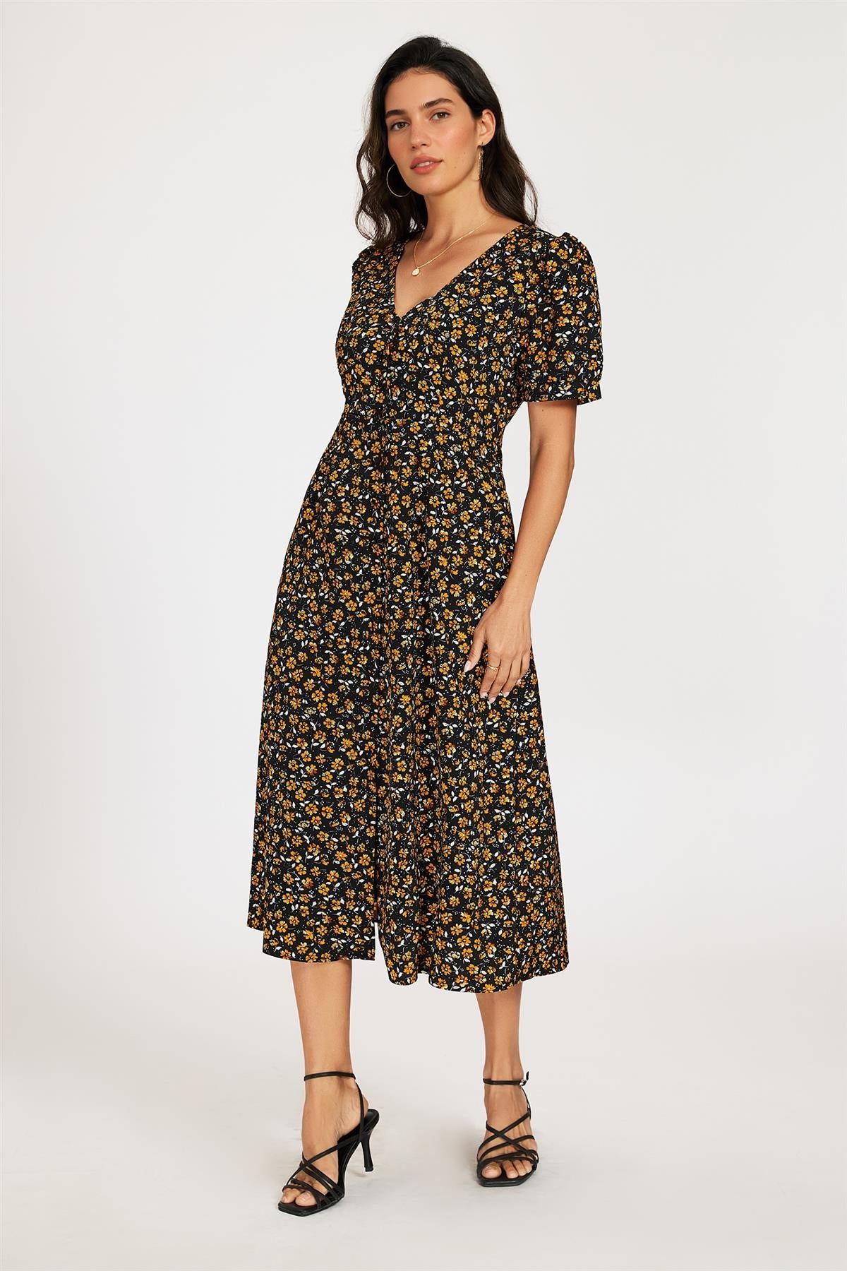Floral Print Button Front Puff Sleeve Midi Dress In Black