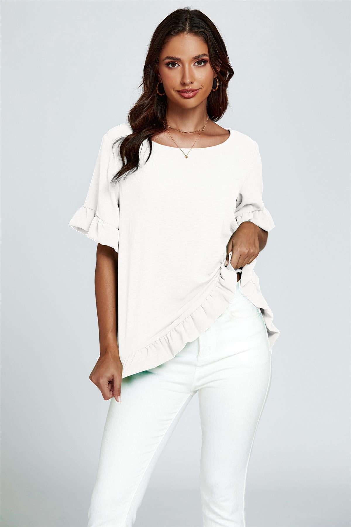 Frill Detail Short Sleeves Top In White