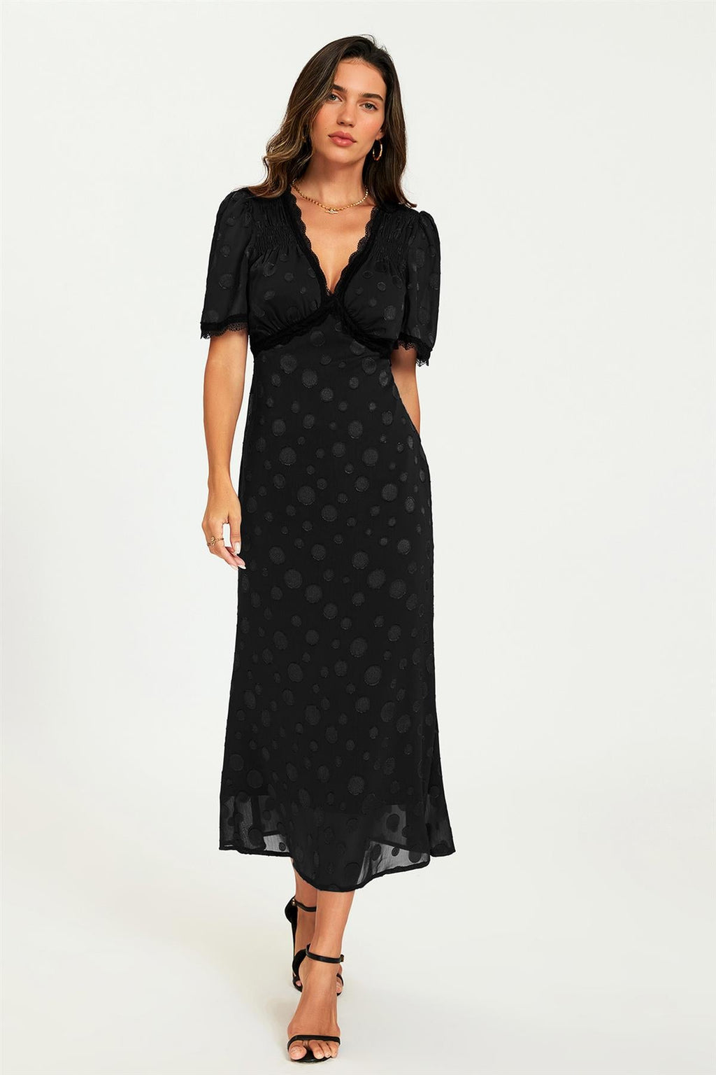 Polka Dot Jacquard Lace Trim Midi Dress In Black