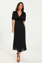 Polka Dot Jacquard Lace Trim Midi Dress In Black