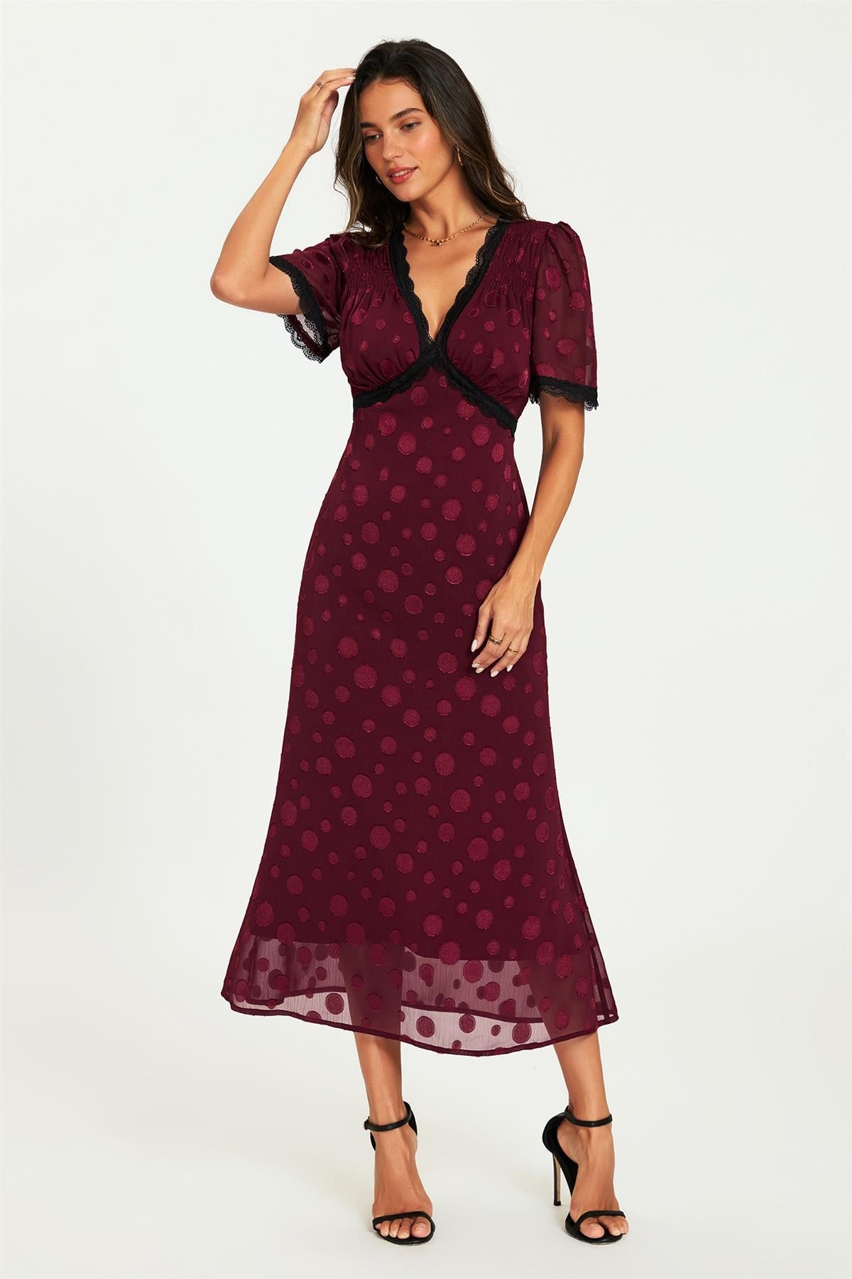 Polka Dot Jacquard Lace Trim Midi Dress In Wine