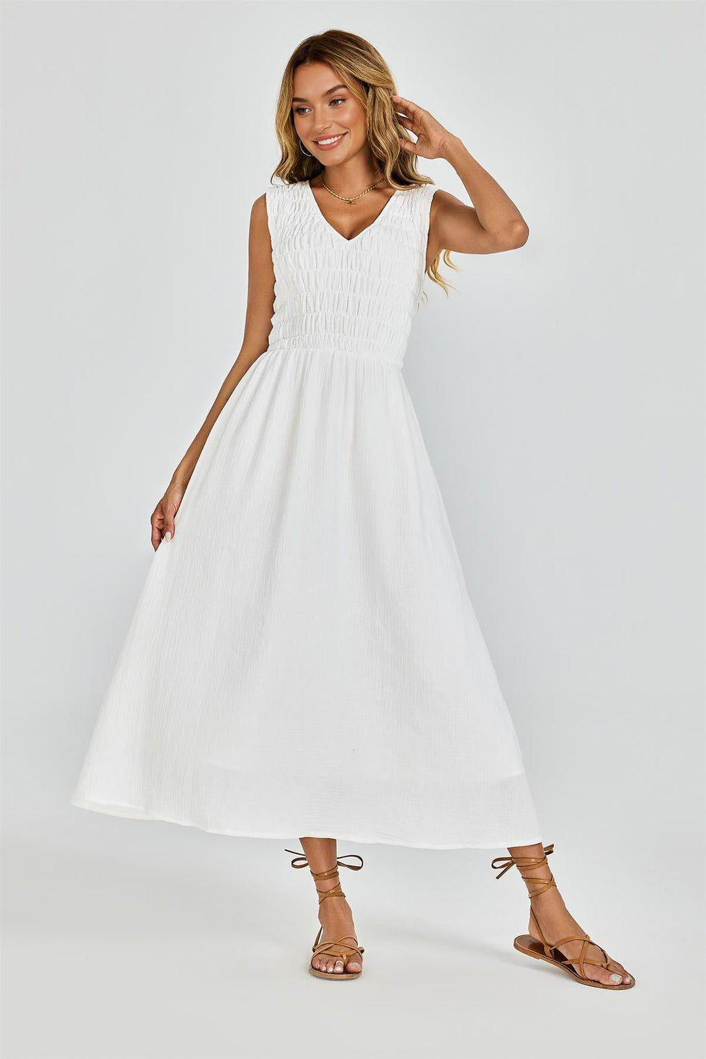 Shirred Midi Dress with Sleeveless V-Neck In White