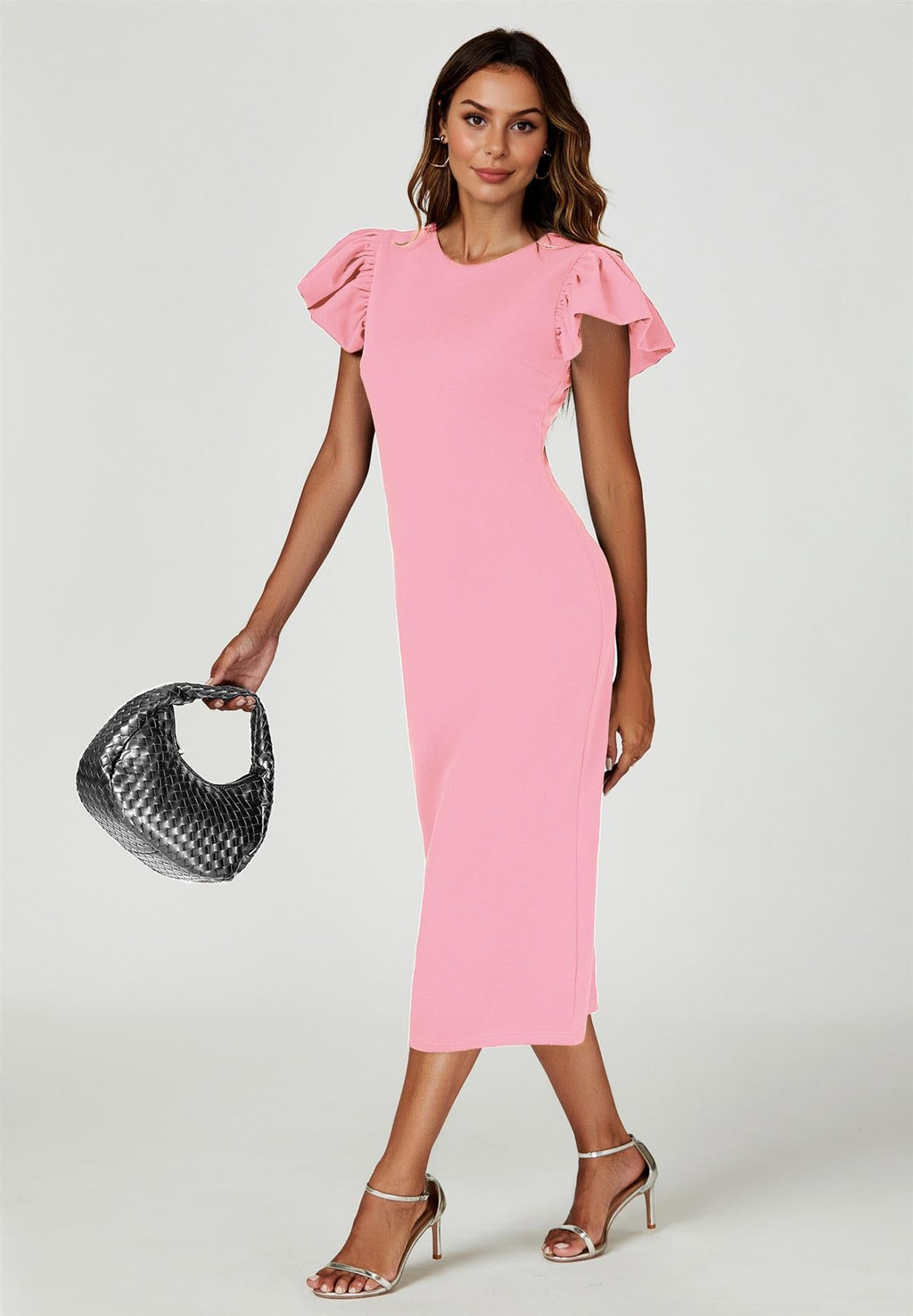 Volume Sleeve Bodycon Midi Dress In Pink