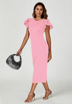 Volume Sleeve Bodycon Midi Dress In Pink