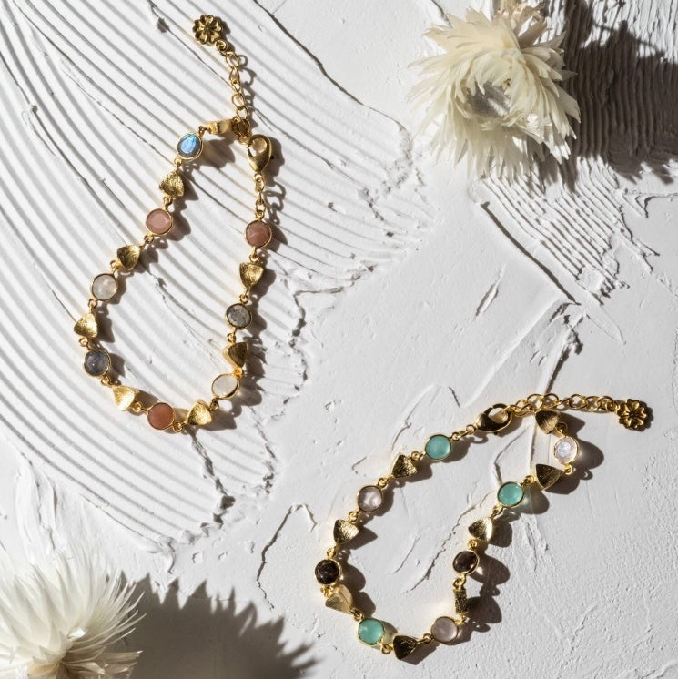 Gold Sara Mixed Gemstone Bracelet: Peach Moonstone, Labradorite & Moonstone