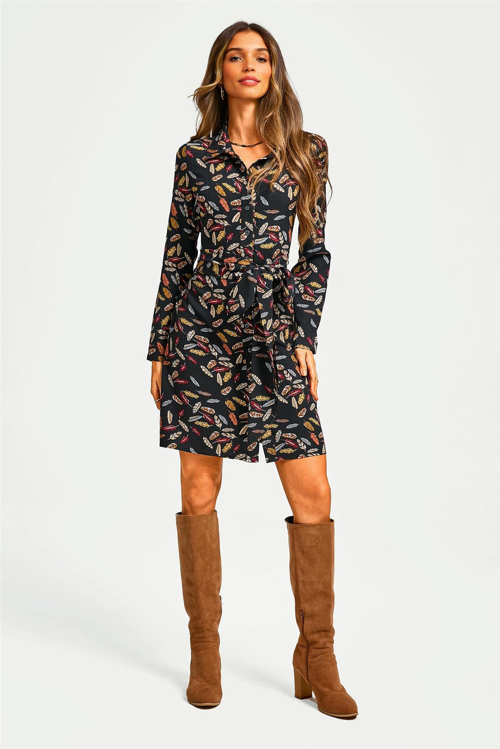 Leaf Print Tie Front Mini Shirt Dress In Black