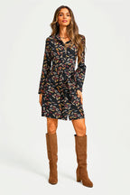 Leaf Print Tie Front Mini Shirt Dress In Black