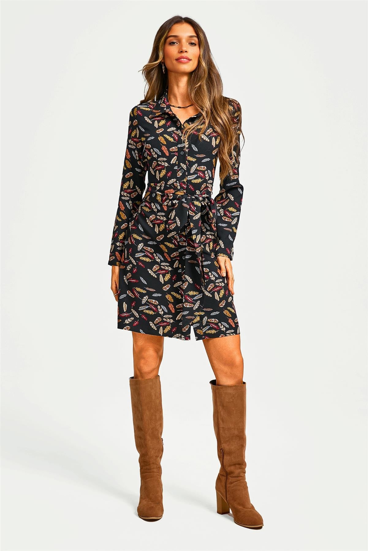 Leaf Print Tie Front Mini Shirt Dress In Black
