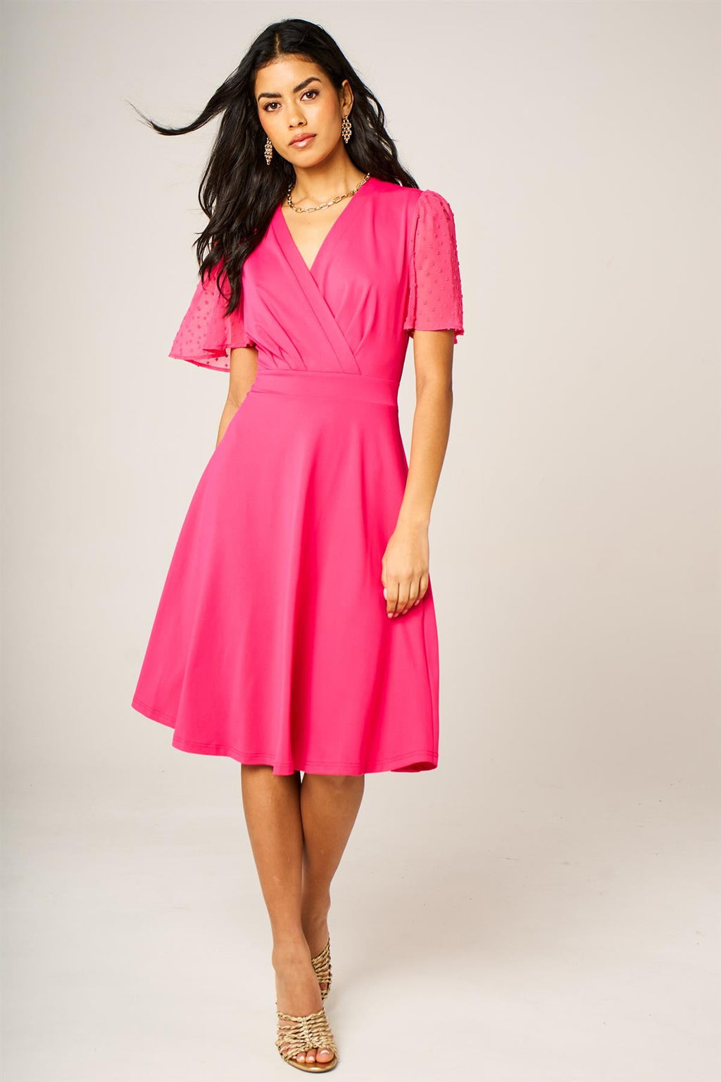 Angel Sleeve Pleated Detail Midi Dress In Hot Pink