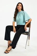 Dot Print Short Sleeve Frill High Neck Top In Blue
