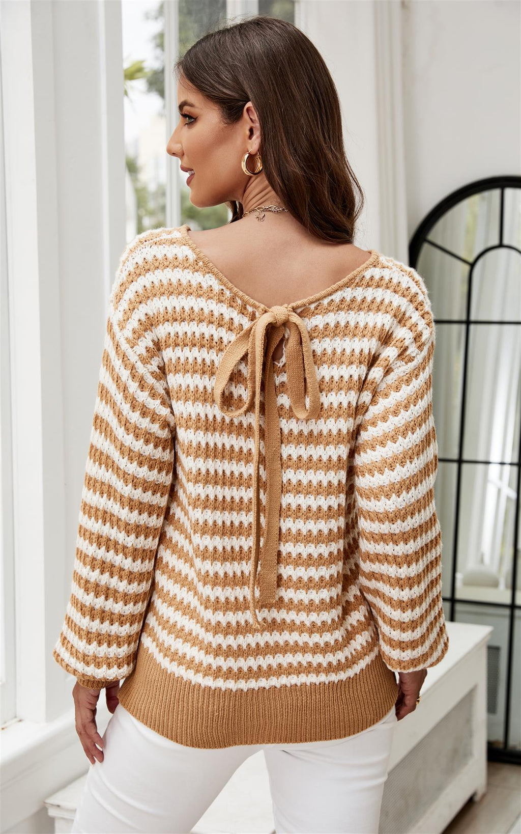 White Stripe Relaxed Knit Jumper Top In Camel