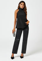Satin Halter Neck Tie Back Top In Black