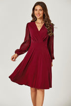 Long Sleeve Pleated Detail Midi Dress In Dark Red