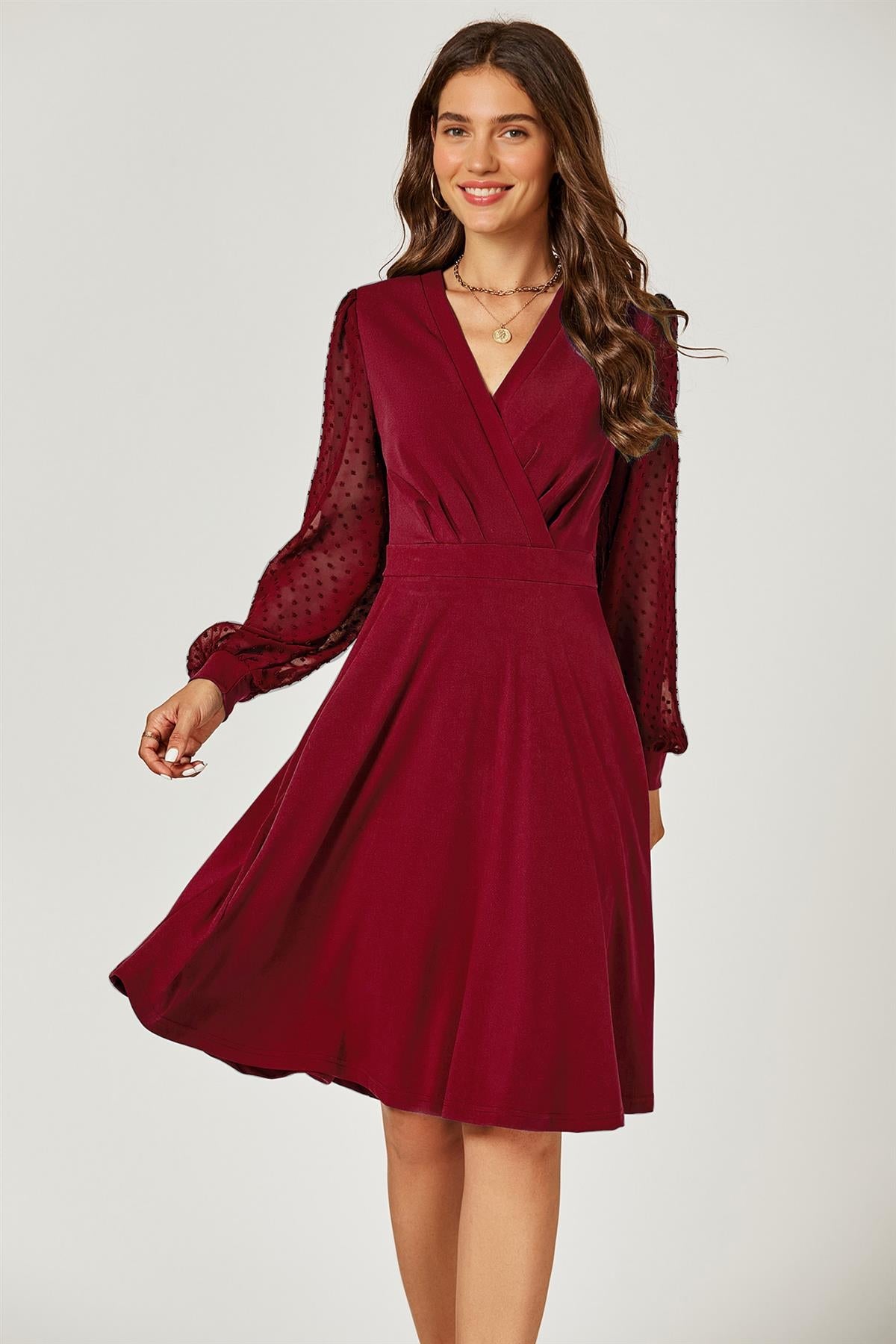 Long Sleeve Pleated Detail Midi Dress In Dark Red