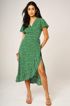 Hem Frill Detail Little Floral Print Wrap Dress In Green