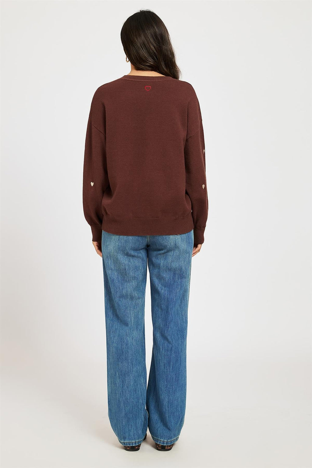 Embroidery Cream Heart V Neck Jumper In Brown