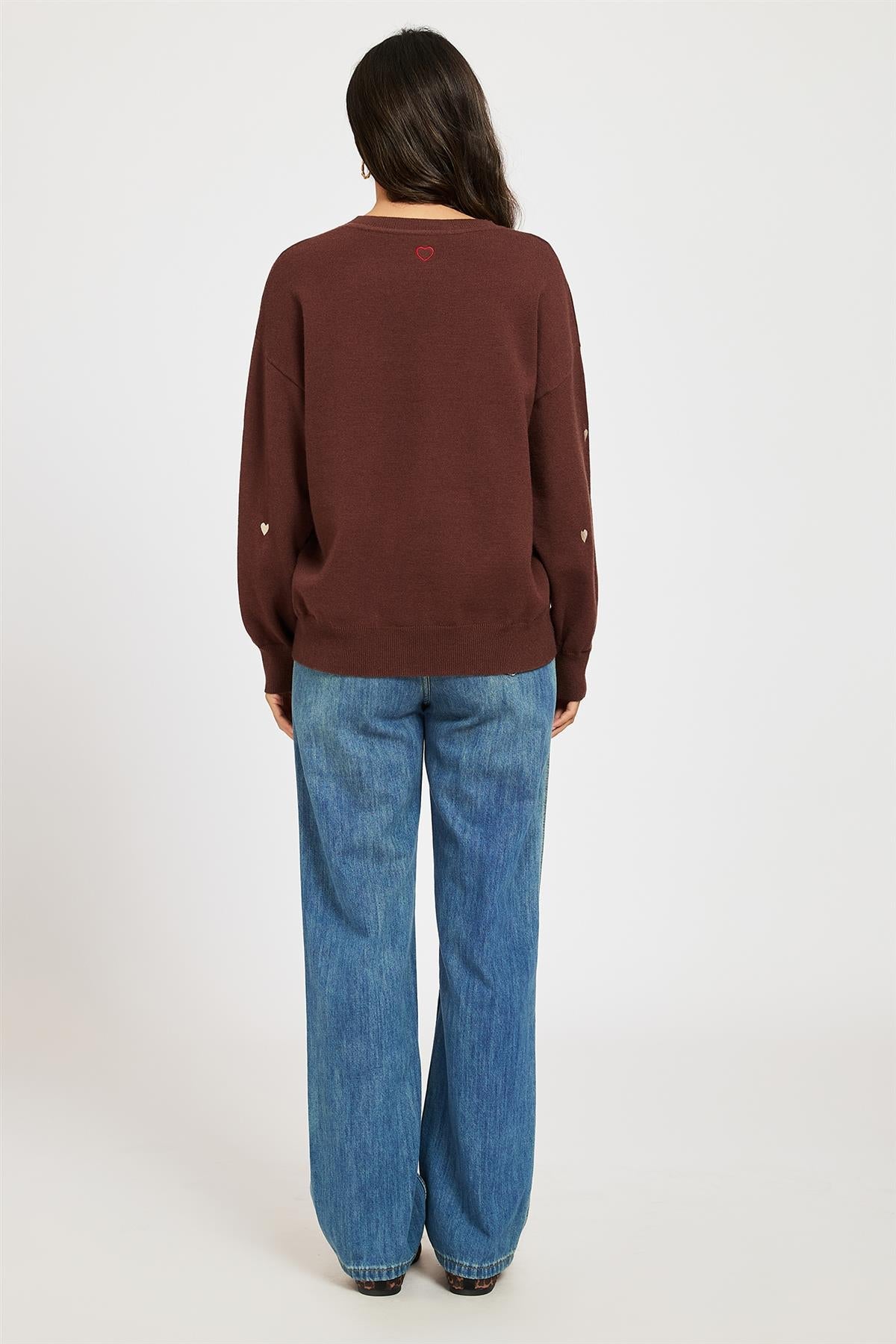Embroidery Cream Heart V Neck Jumper In Brown