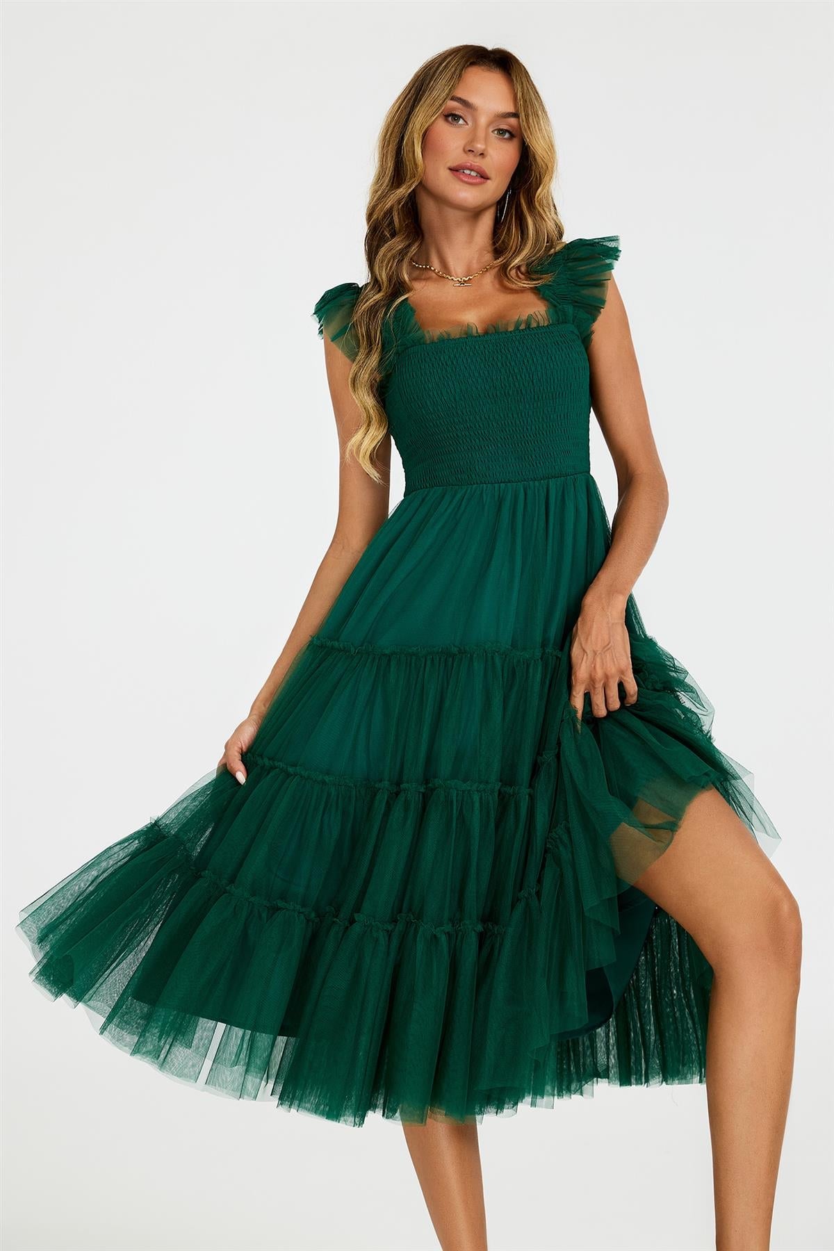 Sleeveless Smocked Ruffle Tulle Dress In Forest Green