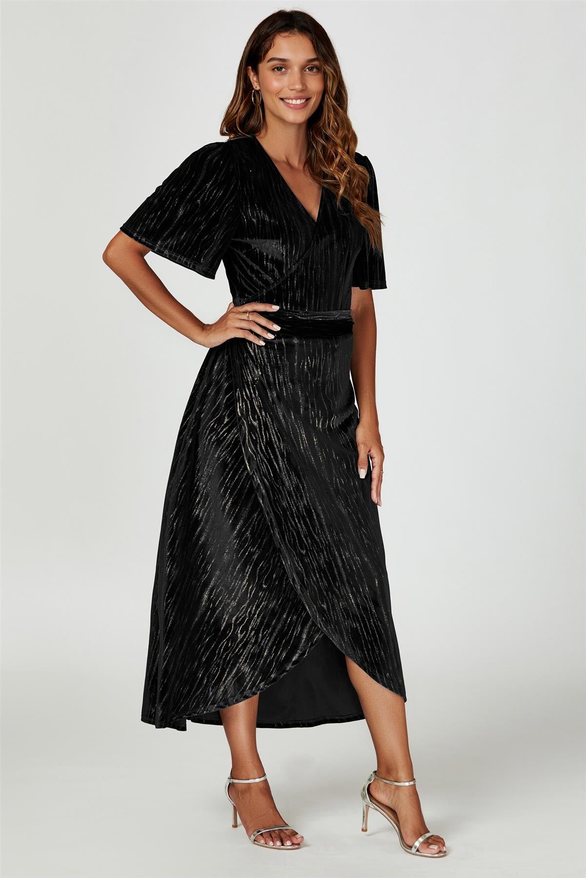 Gold Foil Velvet Wrap Maxi Dress In Black