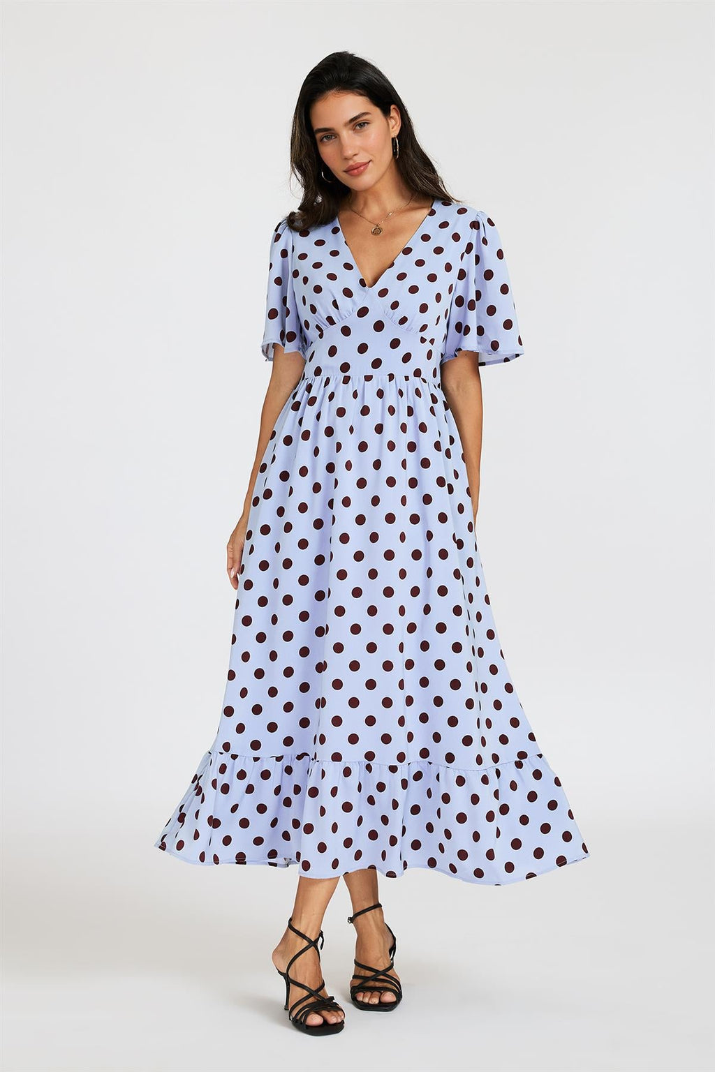 Polka Dot Print Angel Sleeve V Neck Frill Hem Midi Dress In Blue