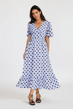 Polka Dot Print Angel Sleeve V Neck Frill Hem Midi Dress In Blue