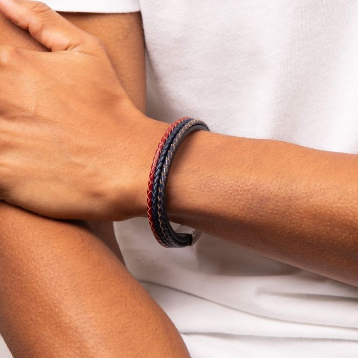 Fred Bennett Woven Blue, Red & Grey Leather Bracelet