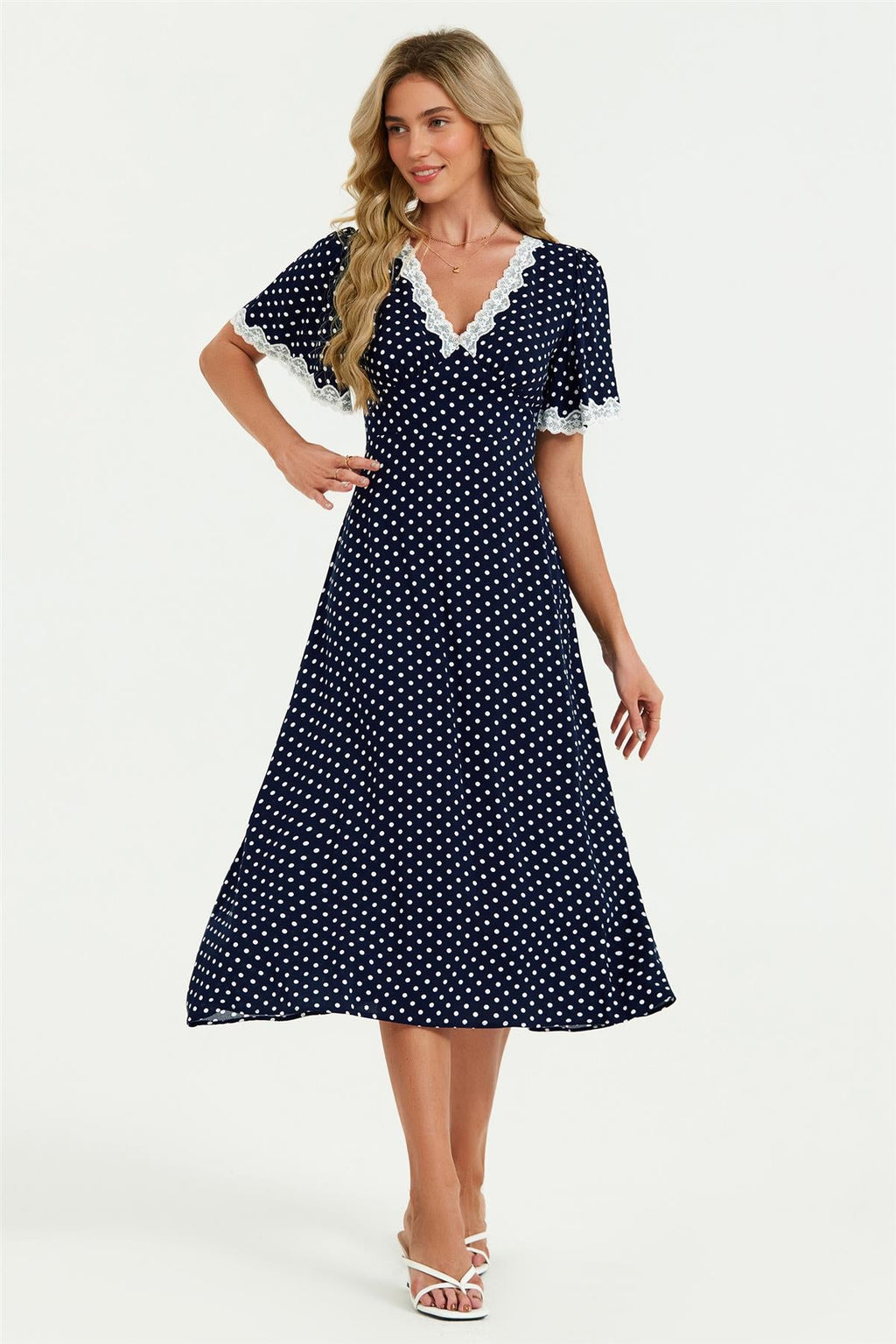 Lace Trim Dot Print Midi Dress In Navy