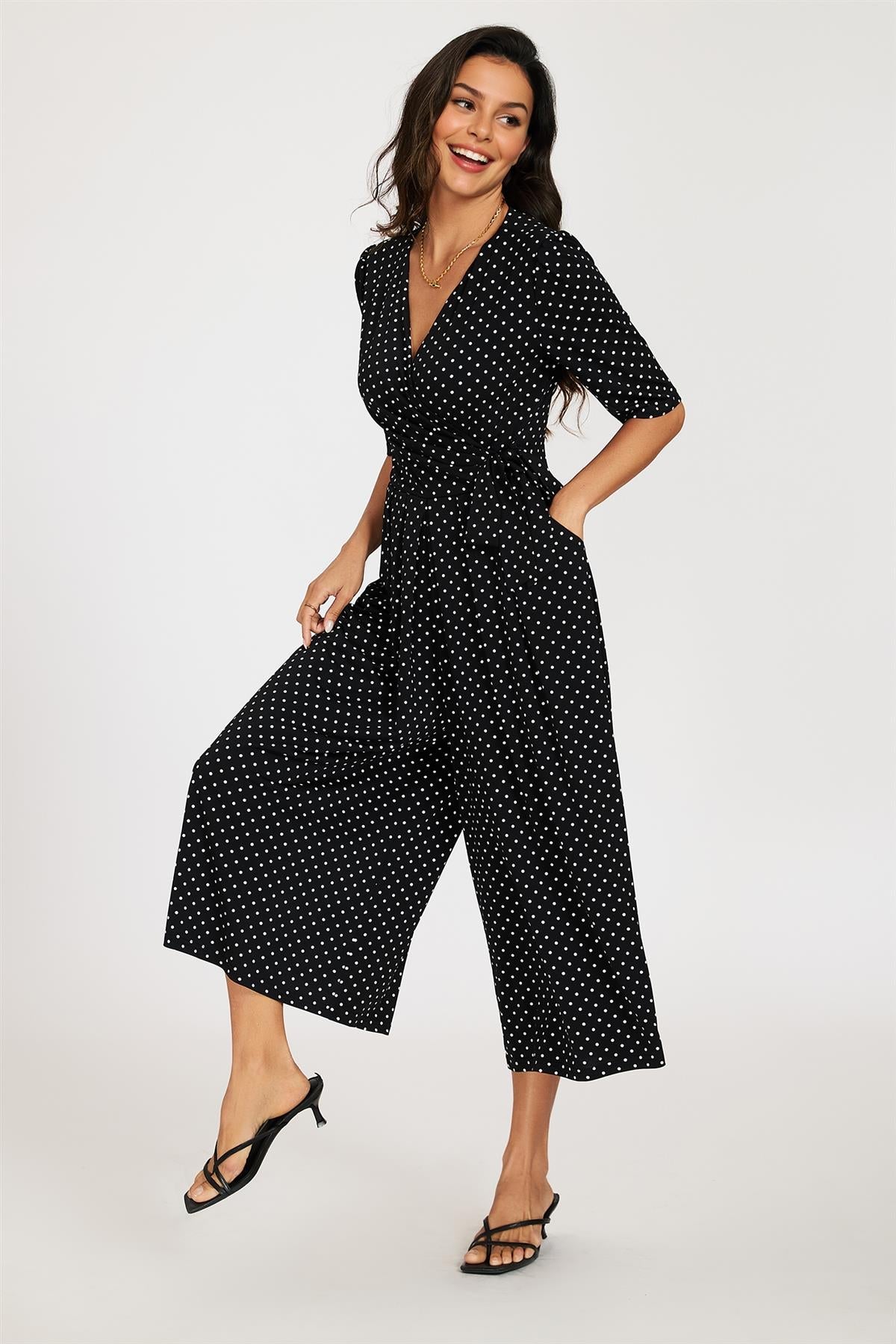 Dot Print Short Sleeve Jersey Jumpsuit In Black