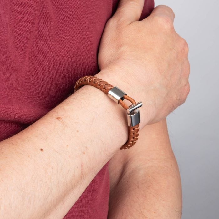 Fred Bennett Brown Braided Leather Bracelet with T-Bar Clasp
