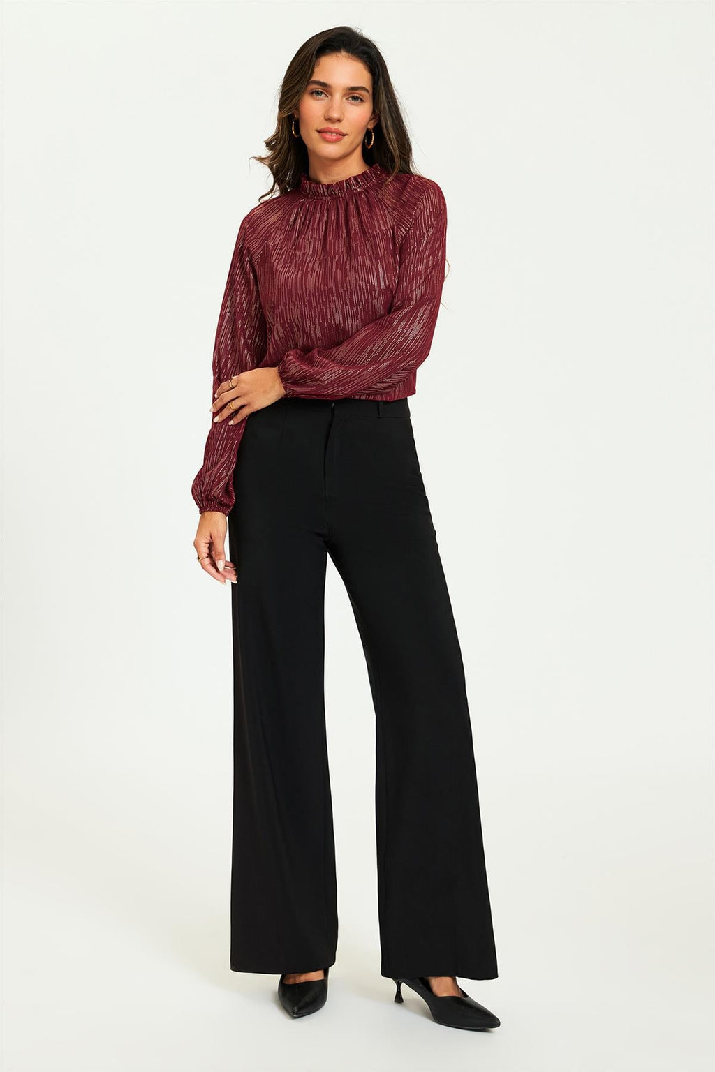 Gold Stripe Foil Long Sleeve Frill High Neck Top In Wine