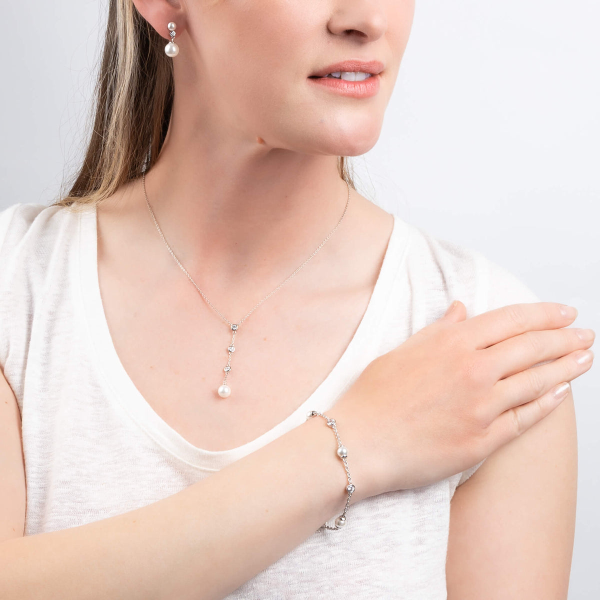 Diamonfire Zirconia and Shell Pearl Y Chain Drop Necklace