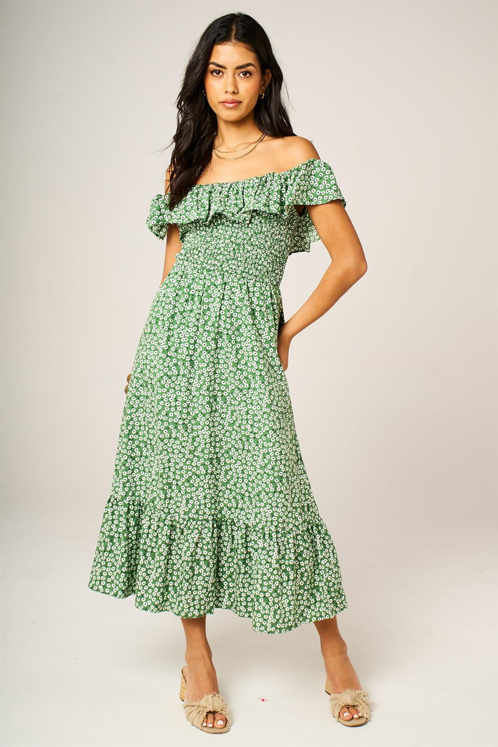 Little Floral Print Hem Frill Detail Bardot Midi Dress In Green