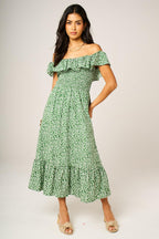 Little Floral Print Hem Frill Detail Bardot Midi Dress In Green