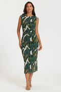 Leaf Print Mesh Maxi Dress In Green