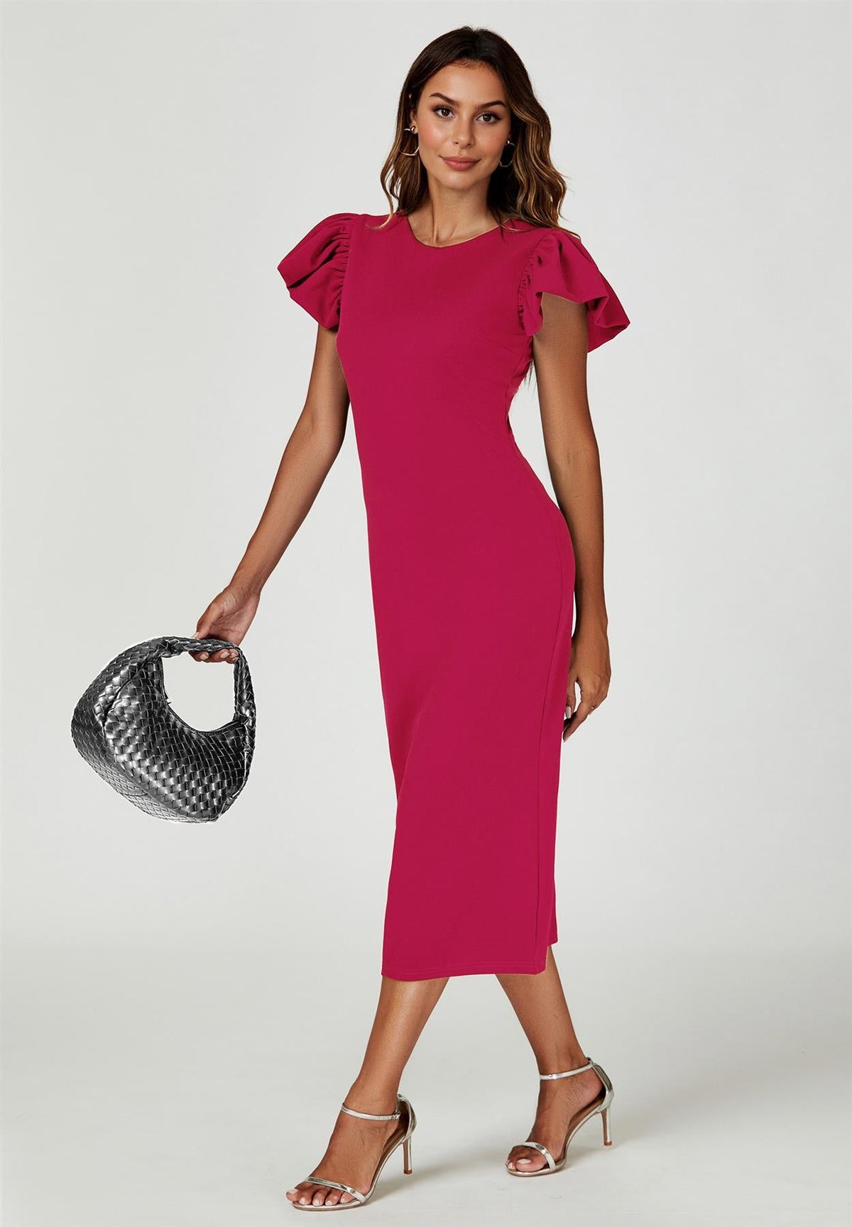 Robe midi moulante fuchsia à manches ballon
