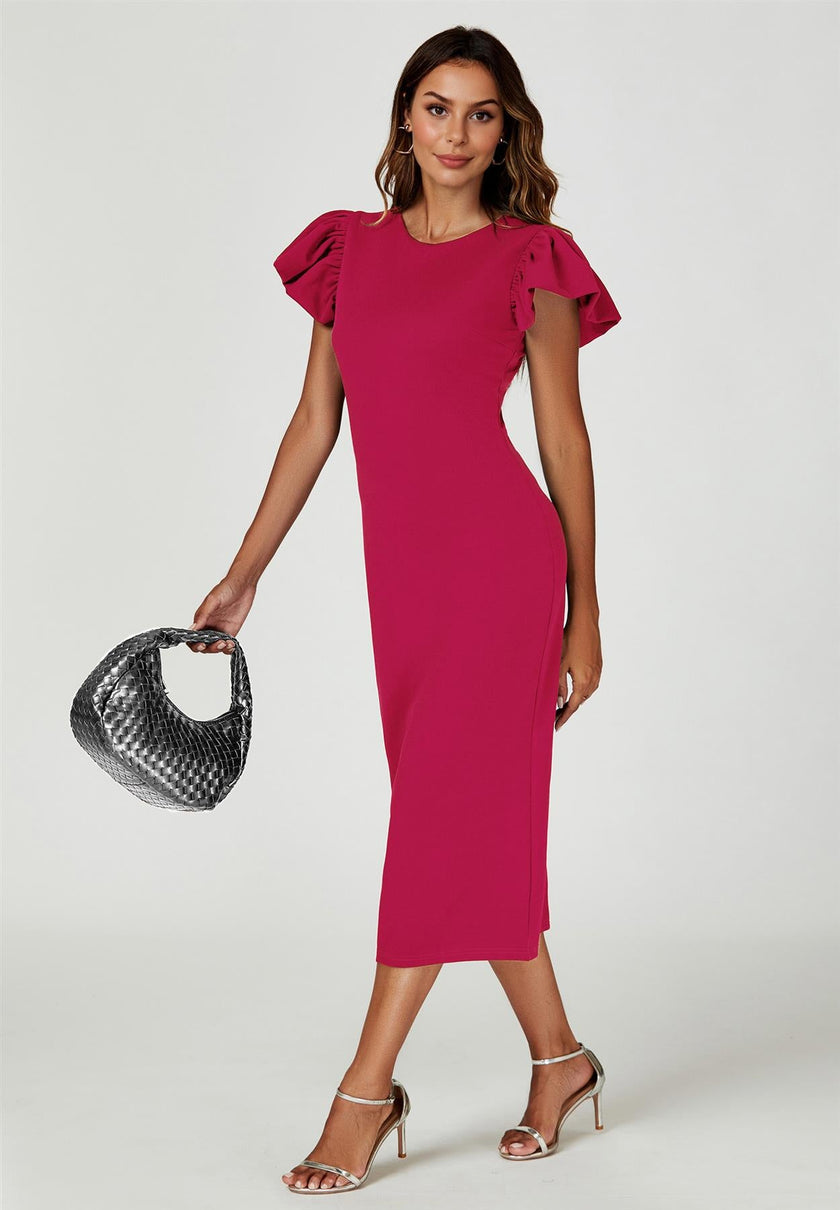Robe midi moulante fuchsia à manches ballon