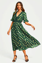 Gold Foil Long Sleeve Lace Trim V Neck Maxi Dress In Green