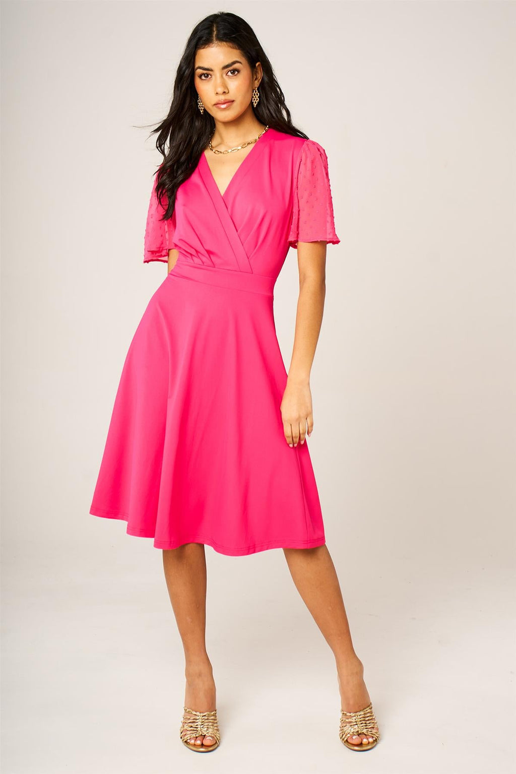 Angel Sleeve Pleated Detail Midi Dress In Hot Pink