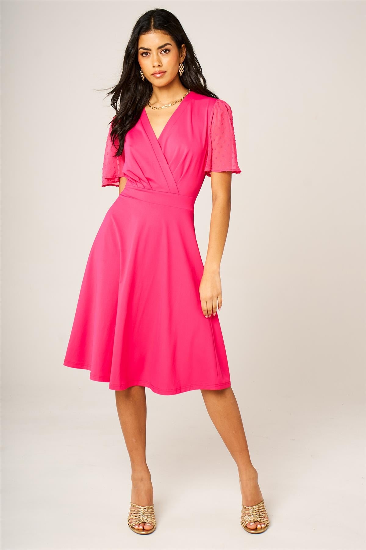 Angel Sleeve Pleated Detail Midi Dress In Hot Pink