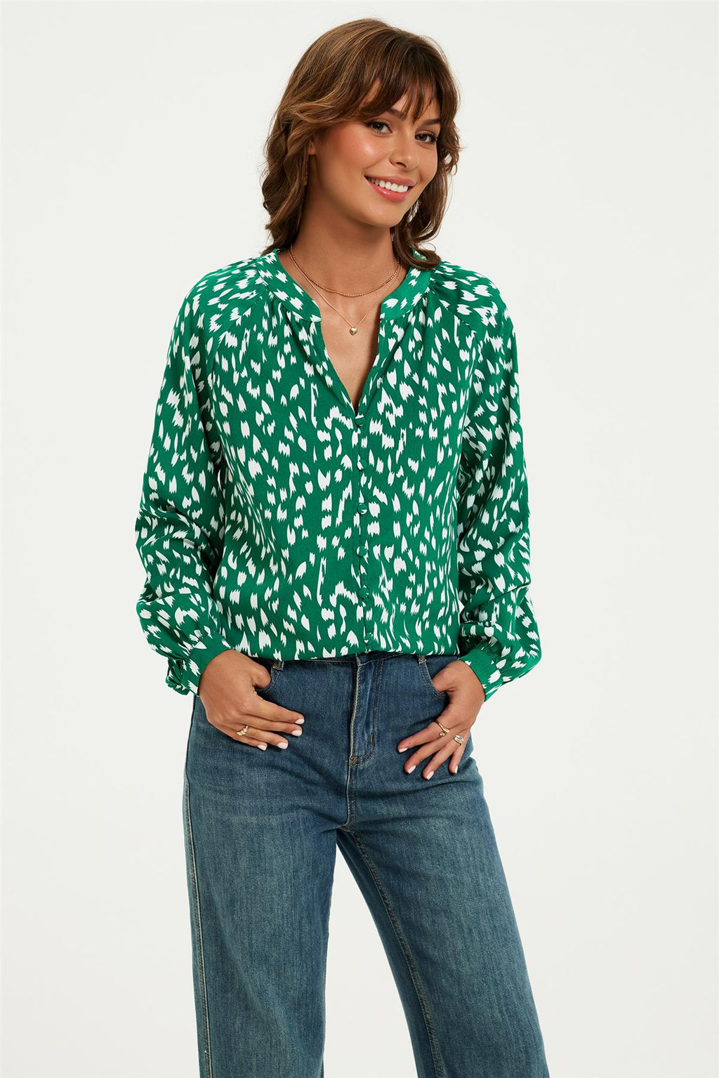 Brushstroke Print long sleeve Blouse Top In Green