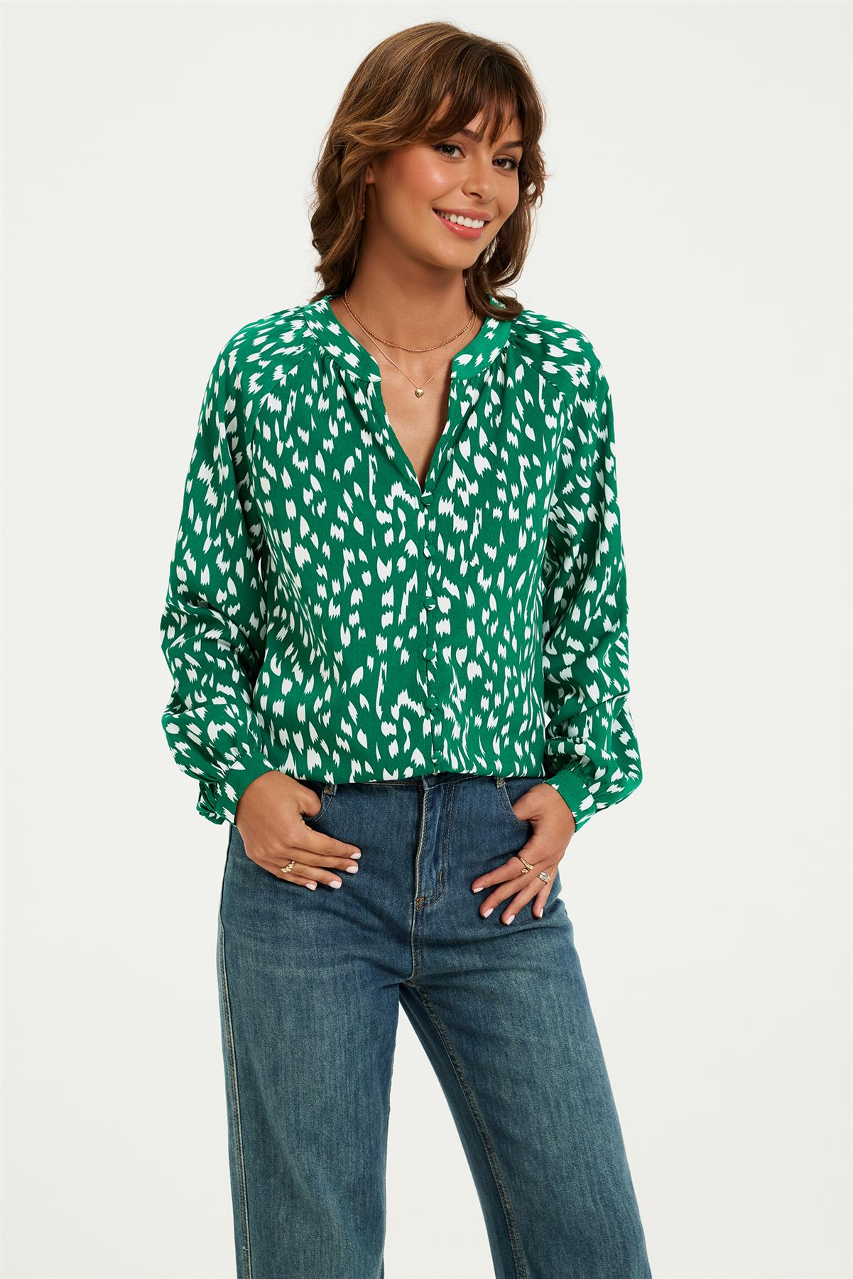 Brushstroke Print long sleeve Blouse Top In Green