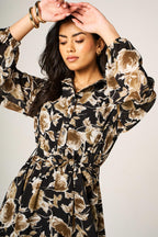 Brown Floral Print Shirt Midi Dress In Black