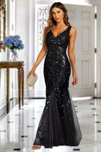 Sequin Leaf Detailed V Neck Bridesmaid Maxi Dress In Black