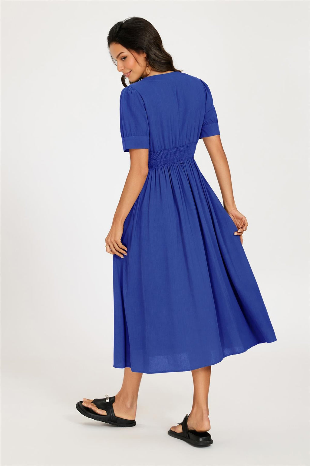 Button Front Short Sleeve Midi Dress In Blue