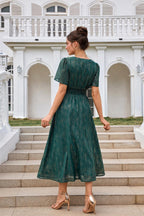 Angel Sleeve Gold Stripe Foil Midi Dress In Green