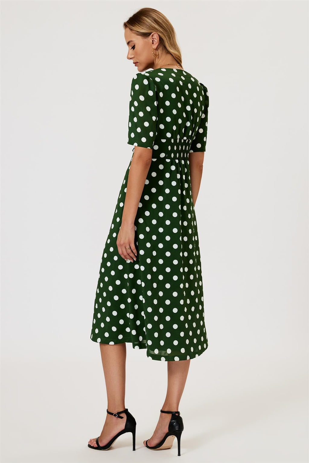 Polka Dot Print Button Front Midi Dress In Green