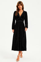 Silver Foil Velvet Lace Trim Neckline Midi Dress In Black