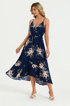 Floral Print Button Down High Low Strappy Dress In Navy